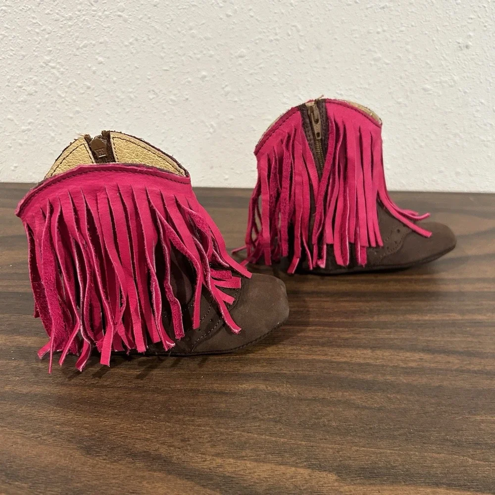 Redhawk Baby Girls Leather Cowboy Boots Moccasin Western Soft Fringe Pink Suede